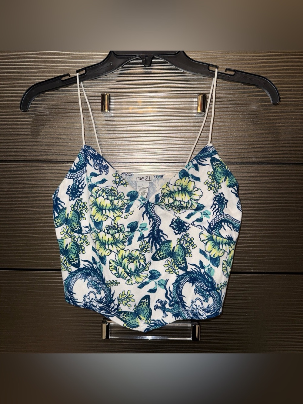 Rue21 White Floral & Blue Dragon Crop Cami
